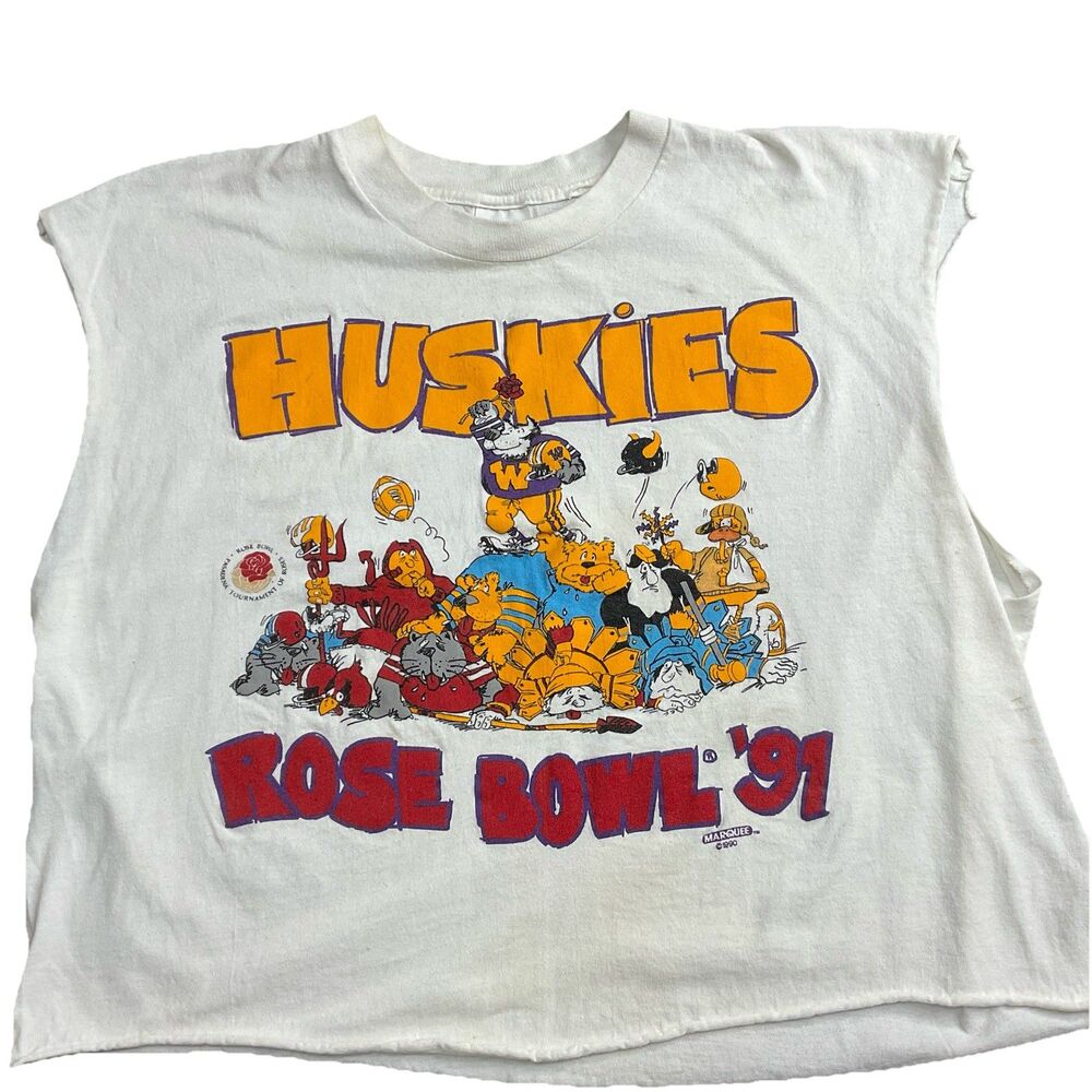 Marquee Huskies Rose Bowl ‘91 1991 Vintage T-Shirt White XL Cut Sleeves